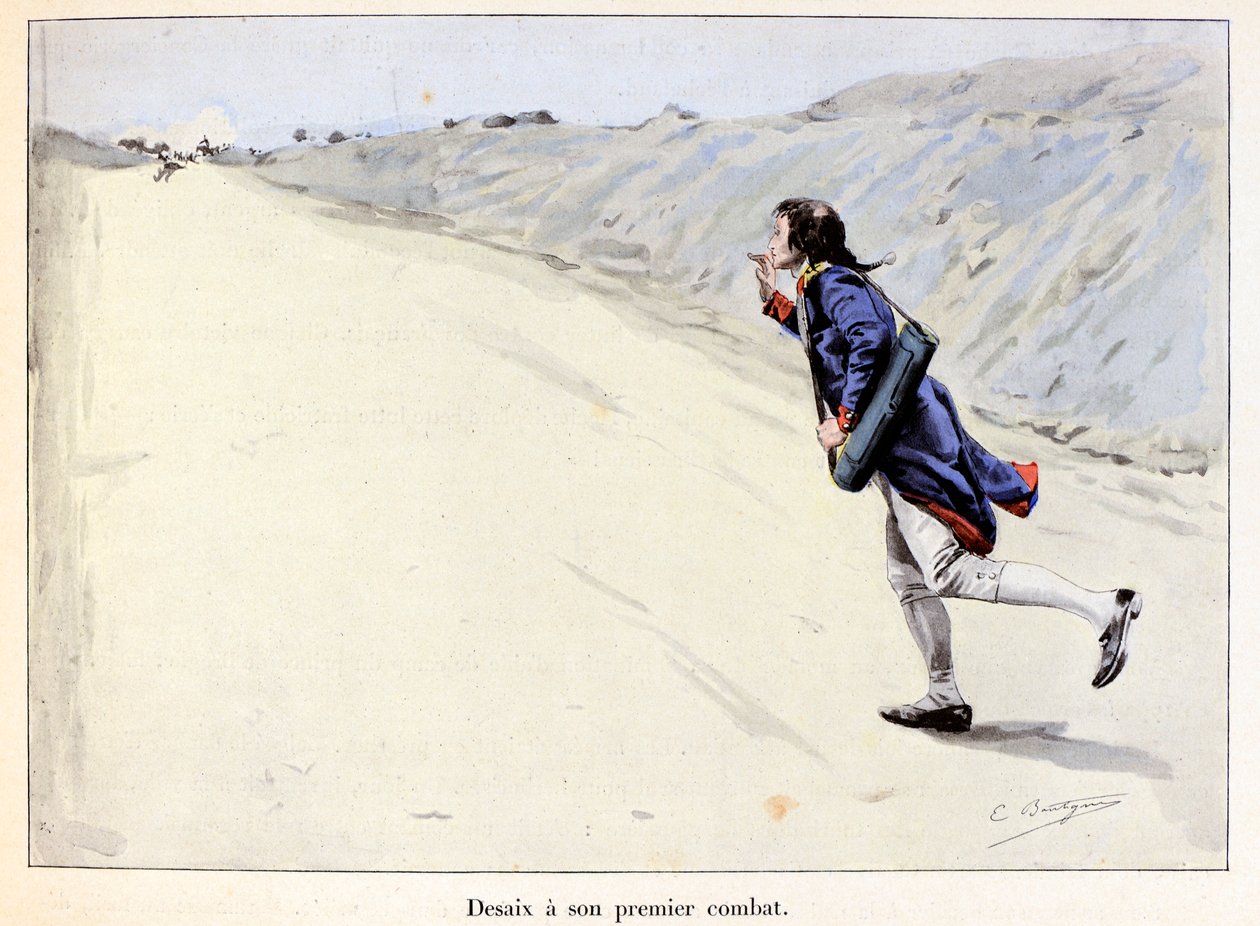 Desaix har sin første kamp: Charles Antoine Desaix de Veygoux (1768-1800) fanger en fange i Landau in der Pfalz (Tyskland) mens hæren trekker seg tilbake - illustrasjon av Emile Boutigny (1853-1929) I "Hoche-Marceau-Desaix" av Theodore Cahu (1854-1928) - P av Paul Émile Boutigny