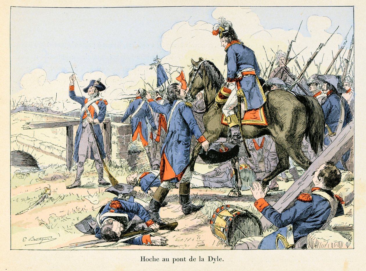 Hoche au pont de la Dyle: I mars 1793, som dekket retretten ved passasjen av Dyle foran Leuven (Belgia), kjempet Lazare Hoche (1768-1797) mot østerrikerne - illustrasjon av Emile Boutigny (1853-1929) I "Hoche-Marceau-Desaix" av Theodore av Paul Émile Boutigny
