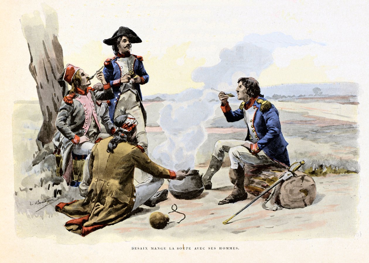 Louis Charles Antoine Desaix de Veygoux (1768-1800) spiser suppen med mennene sine - Illustrasjon av Emile Boutigny (1853-1929) I "Hoche-Marceau-Desaix" av Theodore Cahu (1854-1928) - Privat samling - Louis Charles Antoine Desaix de Veygoux (1768 av Paul Émile Boutigny