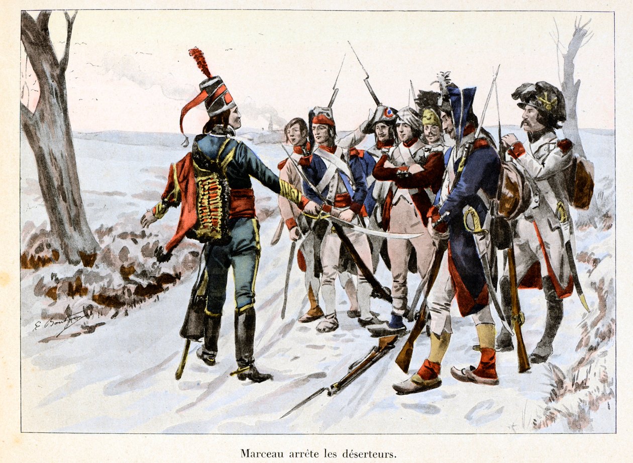 Marceau arrete des deserteurs: Francois-Severin Desgraviers Marceau (1769-1796) arresterer soldatene fra den republikanske hæren i Vendee (85) - Illustrasjon av Emile Boutigny (1853-1929) I "Hoche-Marceau-Desaix" av Theodore Cahu ( 1854-1928) - Privat kol av Paul Émile Boutigny