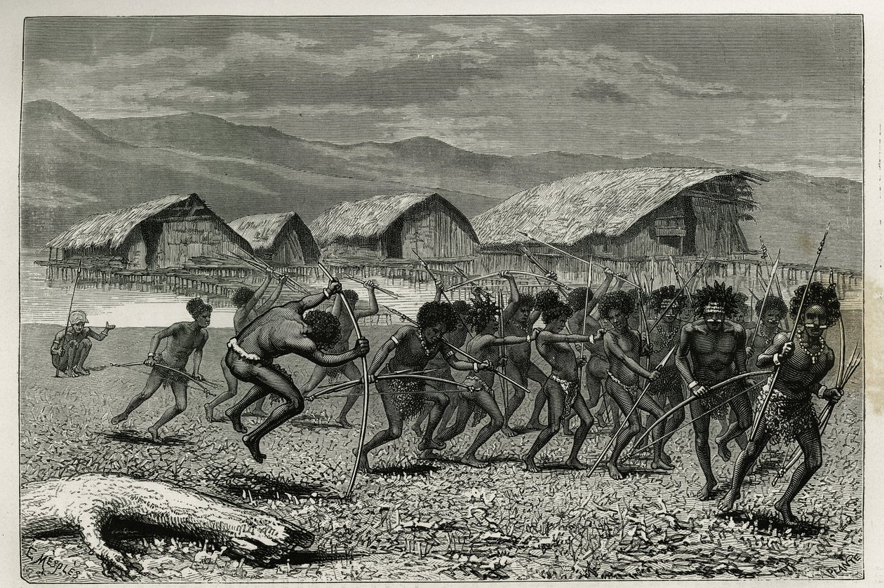 Nedstigning av Papus Arfaks-krigerne i Dorey (New West Guinee), gravering av E.Mesples, for å illustrere reisen til New Guinee av Achille Raffray, belastet med et vitenskapelig oppdrag av Ministry of Public Education, i 1876-1877, publisert i turen d av Paul Eugene (after) Mesples