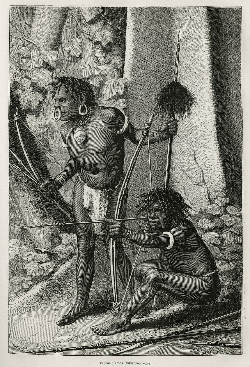 Portretter av to papøse Karoner, antropofager, gravering av E.Mesples, for å illustrere reisen til New Guinee av Achille Raffray, betrodd et vitenskapelig oppdrag av departementet for offentlig utdanning, i 1876-1877, publisert i tour du monde, under av Paul Eugene (after) Mesples