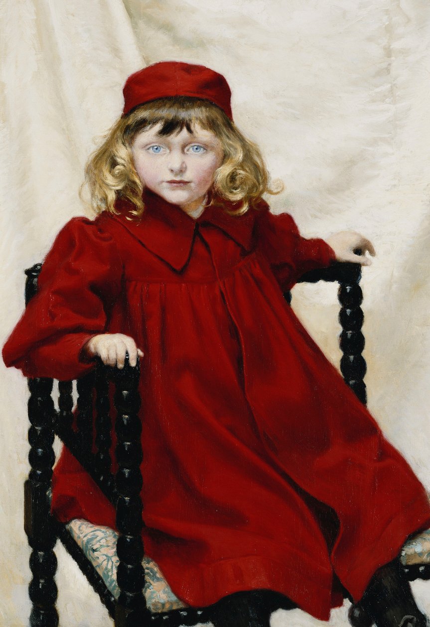 Portrett av Harriet Fischer, liten trekvart lengde, iført en rød kjole, 1896 av Paul Fischer