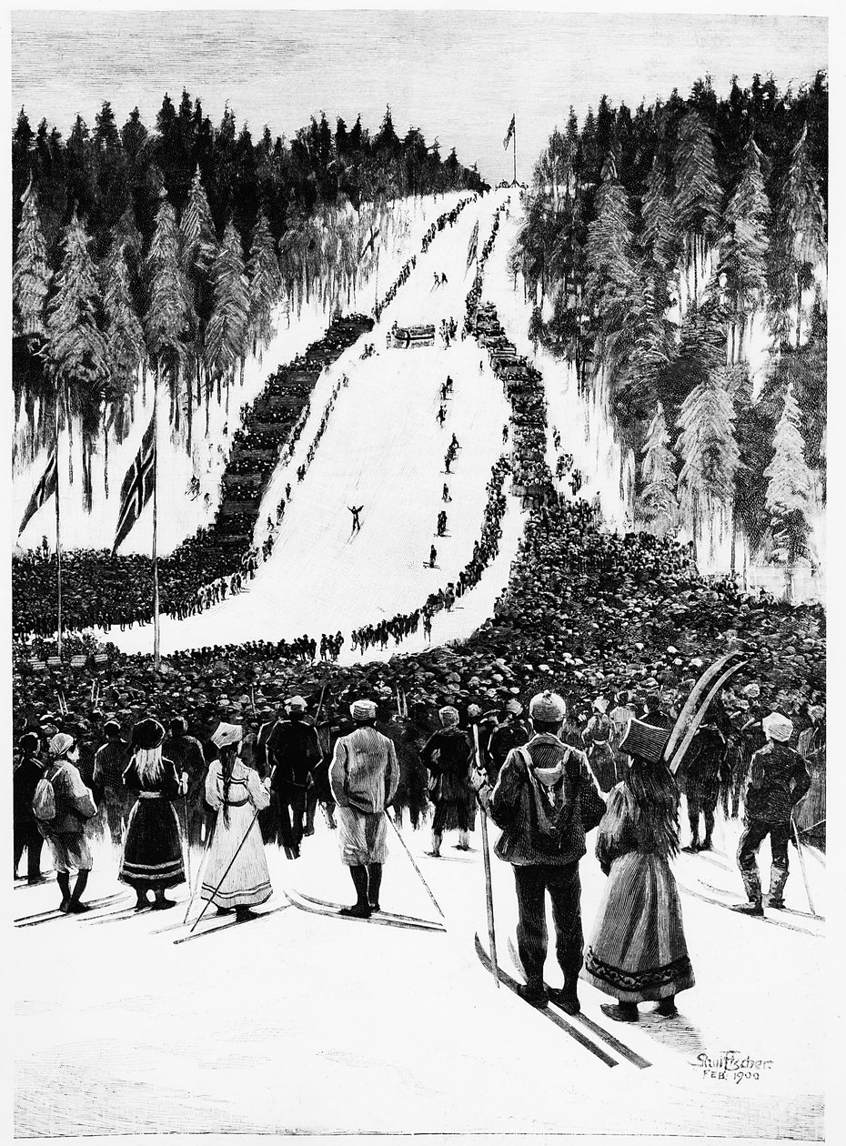 Ski: Det norske derbyet, skirennet - tegning av Paul fisher, feb. 1900, Bibl. des Arts Deco. av Paul Fischer