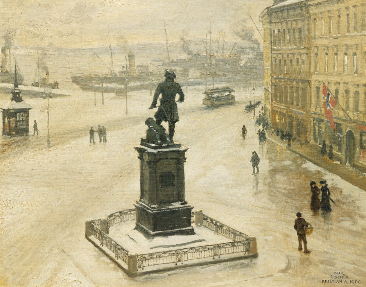 Statuen av Tordenskiold mot Piperviken, Oslo havn, 1906 av Paul Fischer