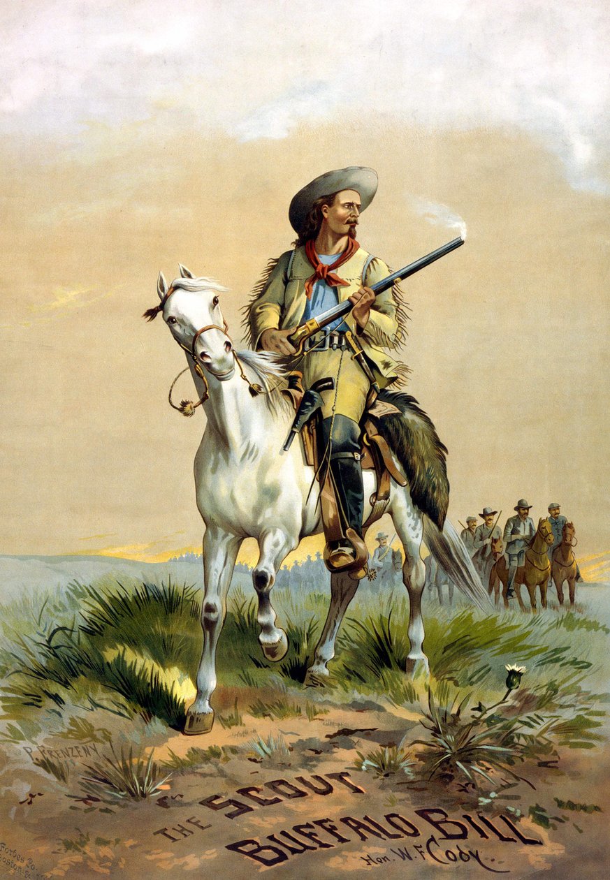 Omslag til boken "The Scout Buffalo Bill" av Han. W.F. Cody, illustrasjon av P. Frenzeny, sd. mellom 1860 og 1890. av Paul Frenzeny