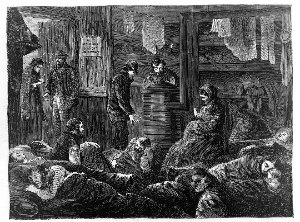 Underground Lodgings for the Poor, Greenwich Street, New York, fra Harpers Weekly, pub. 1869 av Paul Frenzeny