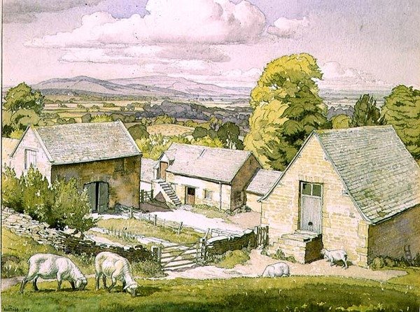 En Cotswold Farm. 1928 (akvarell på papir) av Paul Fripp