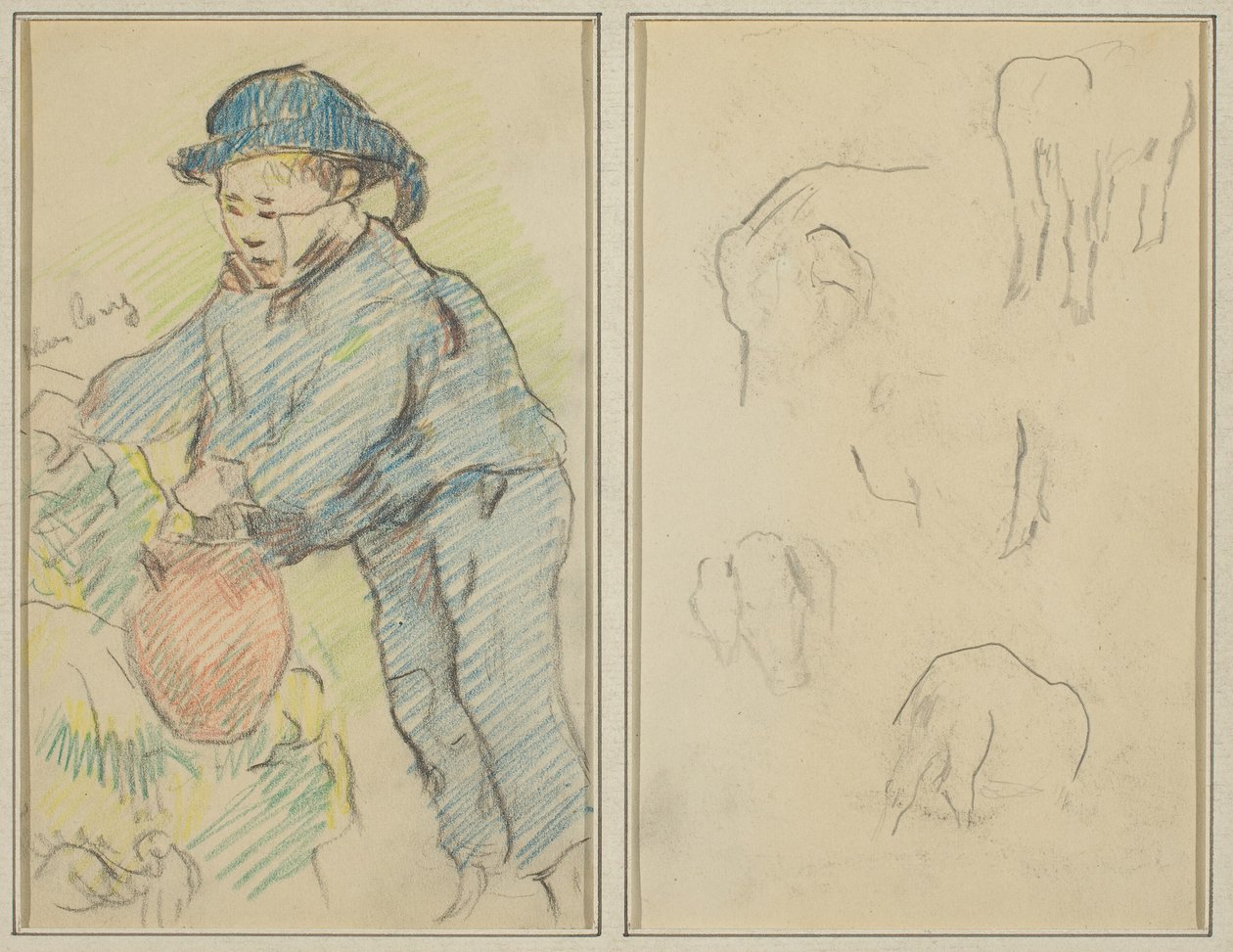 En bretonsk gutt med en kanne; Fem dyreformer [verso] av Paul Gauguin