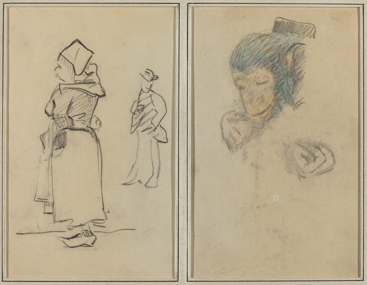 En bretonsk kvinne og en stående mann; Hodet og hånden til en ape [recto] av Paul Gauguin