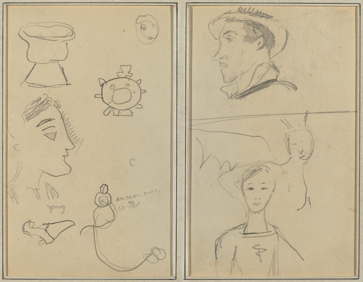 En karikatur og fem former; En mann i profil, en bevinget skapning og en gutt [verso] av Paul Gauguin