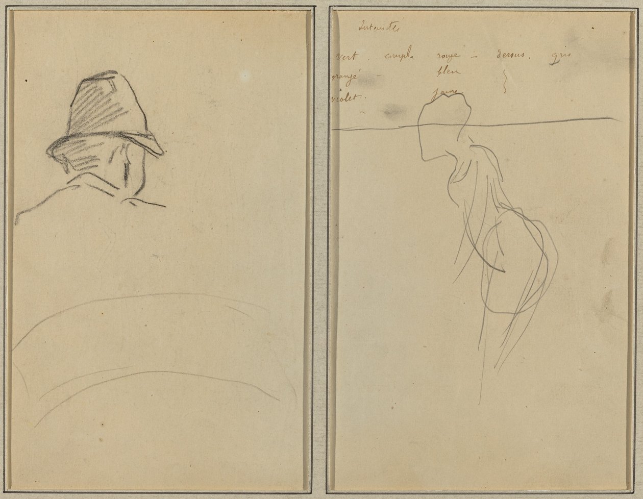Et menneskehode med hatt, sett bakfra; En stående kvinne [recto] av Paul Gauguin