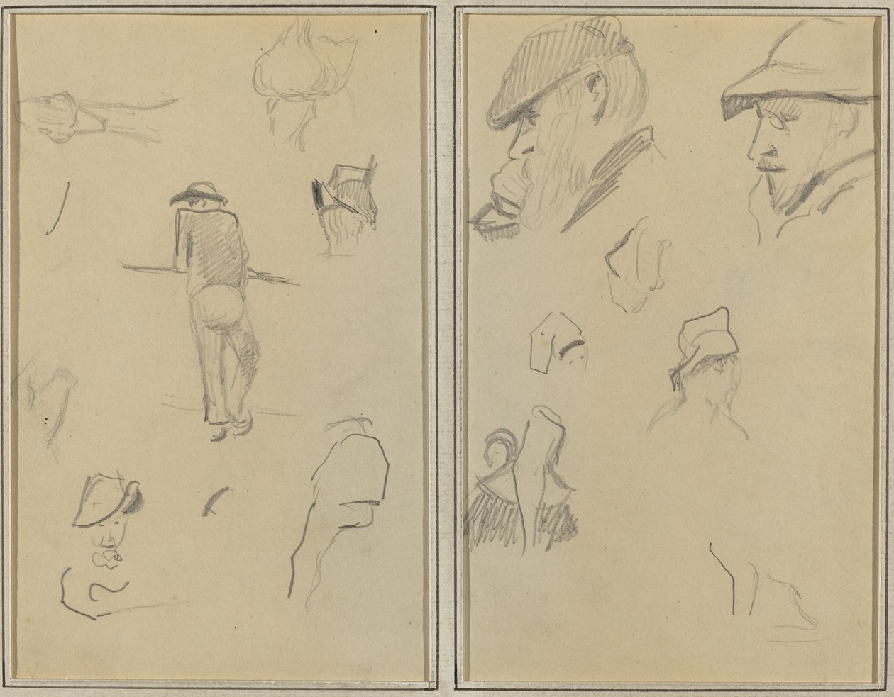 En mann som lener seg på en vegg med fem andre studier; To skjeggete menn med hatter og fem andre studier [recto] av Paul Gauguin