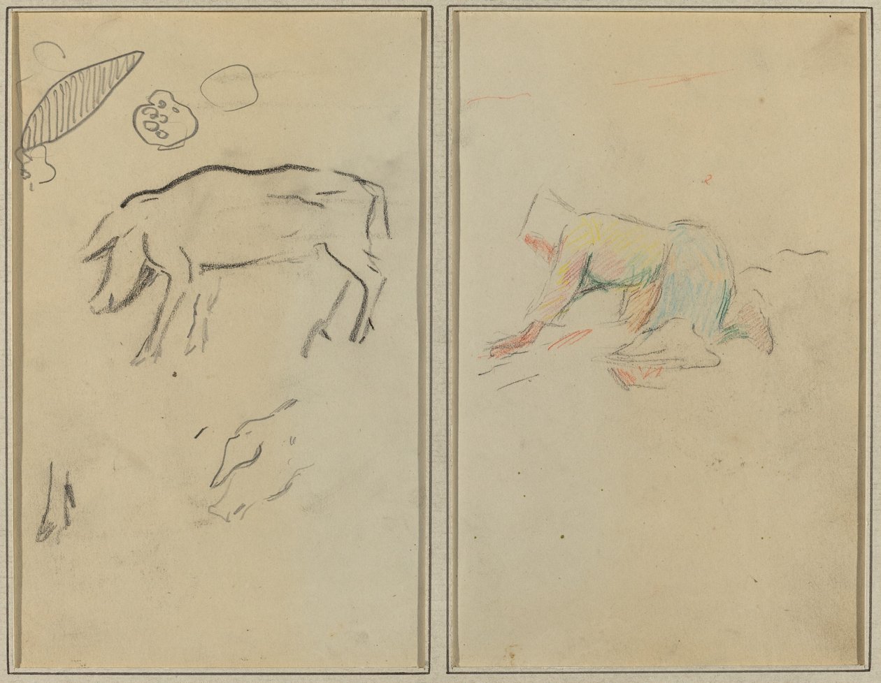 En gris; Bretonsk bonde som kneler [verso] av Paul Gauguin