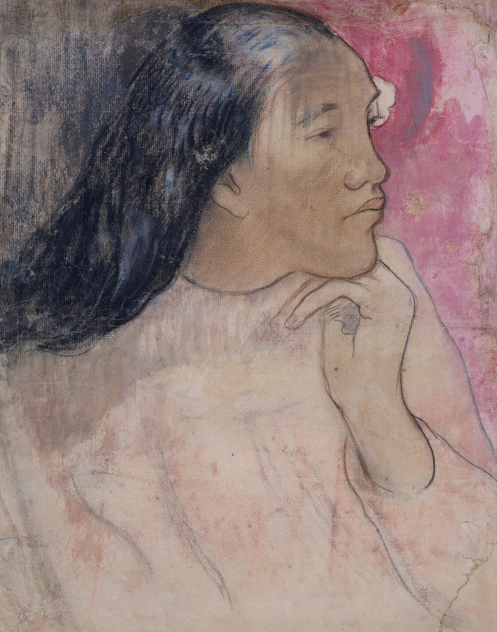 En tahitisk kvinne med en blomst i håret, 1891-92 (kull, pastell og vask) av Paul Gauguin