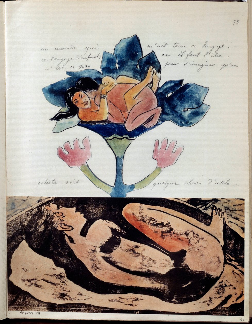 Album Noa (eller Noa Noa) av maleren Paul Gauguin (1848-1903): folio 75. Øverst tegning, akvarell, penn og blekk som representerer et par under samleie og nederst gravering med akvarellhøydepunkter av en sovende kvinne . Omtrent 1893 av Paul Gauguin