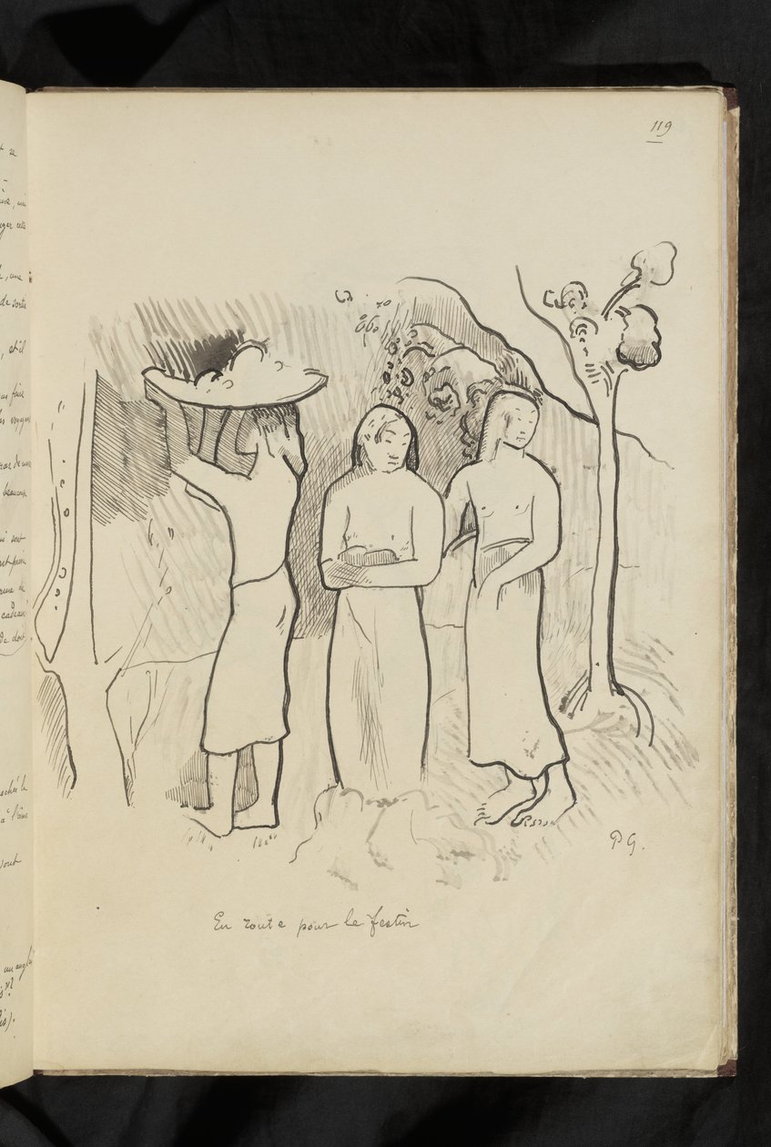 Før og etter - tegning "På vei til festen" av Paul Gauguin
