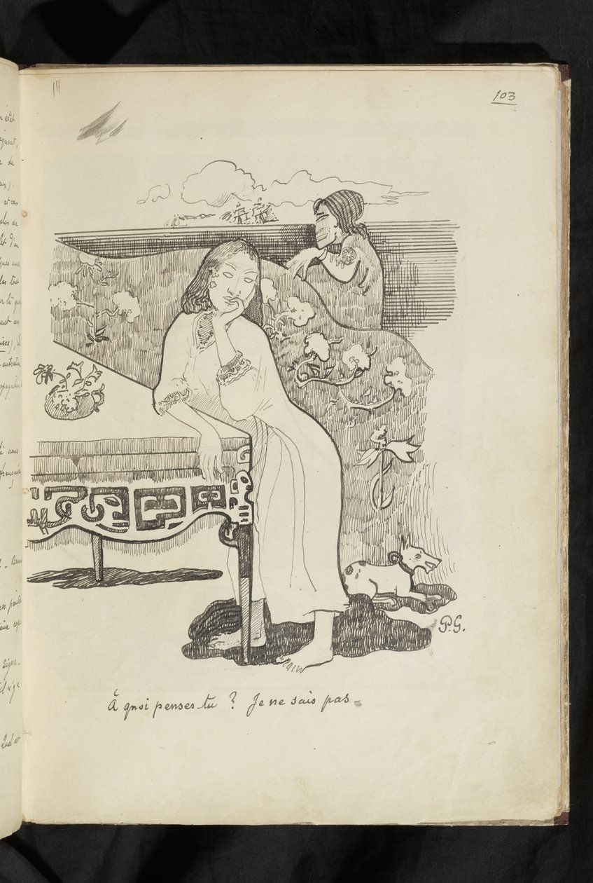 Før og etter - tegning "Hva tenker du? Jeg vet ikke" av Paul Gauguin