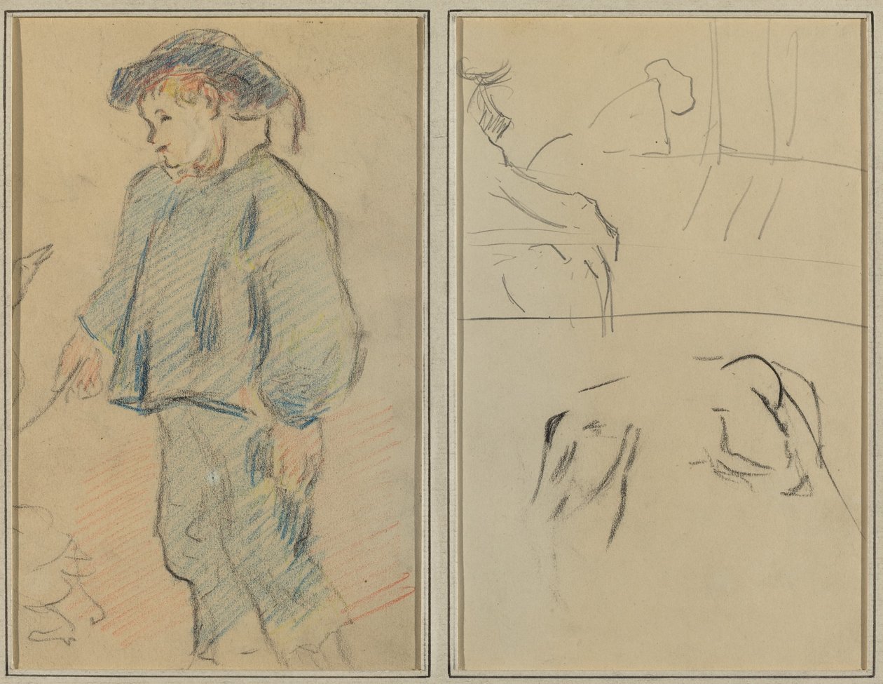 bretonsk gutt som passer gjess; Kyr og en figur som lener seg på en avsats [verso] av Paul Gauguin
