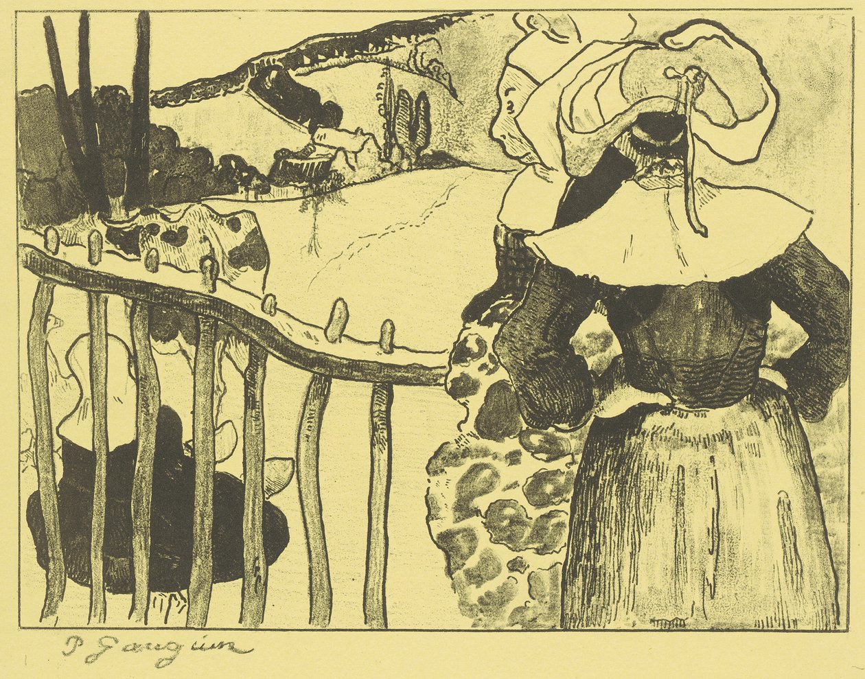 Bretonische Frauen neben einem Zaun av Paul Gauguin