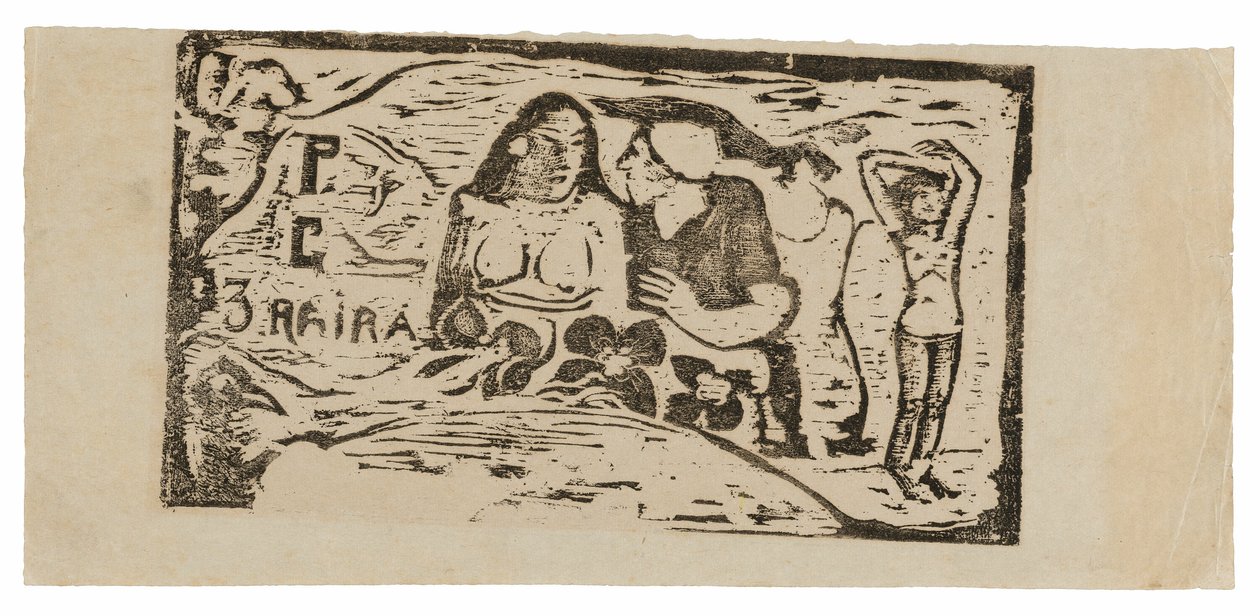 Byste av en naken kvinne og trekvartsfigur av en mann med en hvit hette i profil, tredje liten figur lengst til høyre, hodeplagg for Le sourire av Paul Gauguin