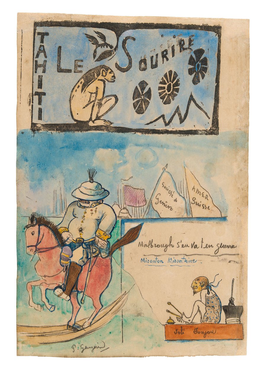 Karikaturer av Gauguin og guvernør Gallet, med hodeplagg fra 'Le sourire' av Paul Gauguin