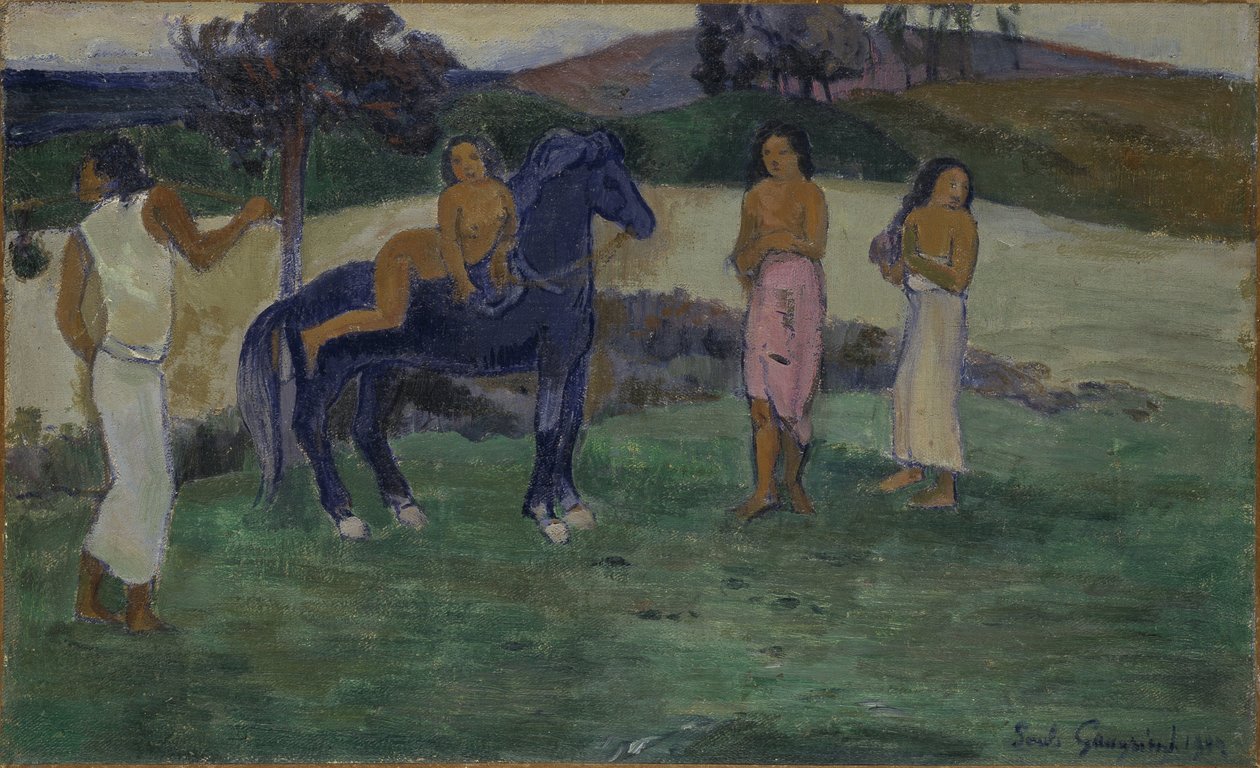 Composition avec figures et un cheval - Composition with Figures and a Horse, av Gauguin, Paul Eugene Henri (1848-1903). Olje på lerret av Paul Gauguin