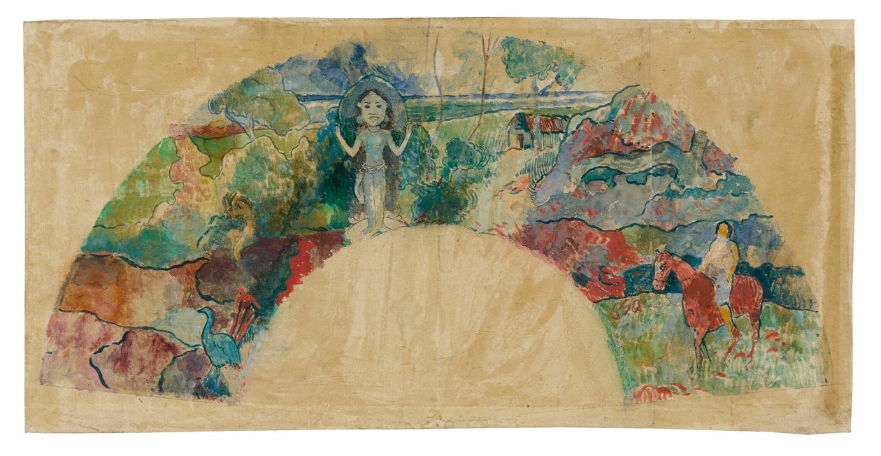 Design for en fan med et landskap og en statue av gudinnen Hina av Paul Gauguin