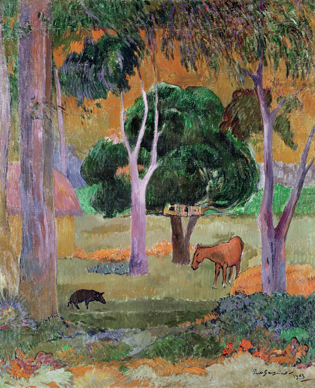 Dominikansk landskap eller, landskap med gris og hest, 1903 av Paul Gauguin