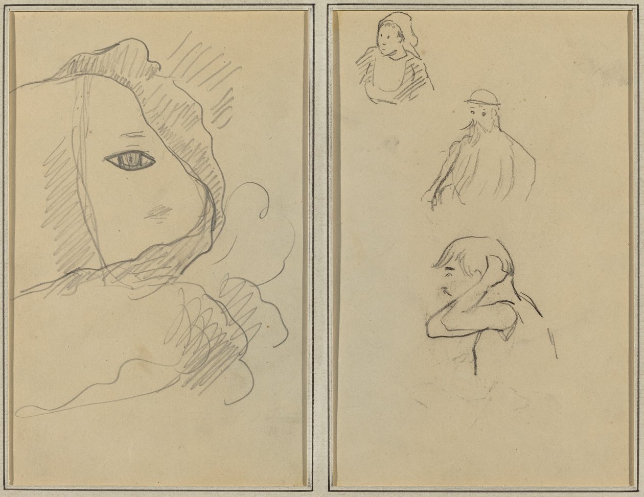 Øye og del av ansiktet; En bretonsk kvinne og to menn [recto] av Paul Gauguin