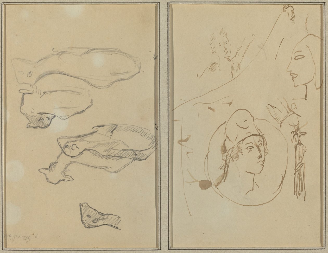 Fem sauer; Fire hodestudier [verso] av Paul Gauguin