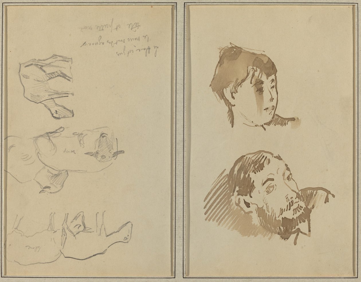 Fem sauer; Hodet til en kvinne og hodet til en skjegget mann [recto] av Paul Gauguin
