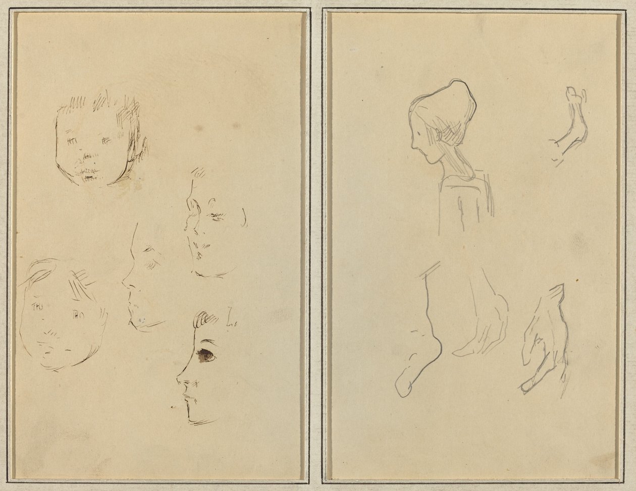 Fem studier av hoder; En gutt i profil med studier av hender og føtter [verso] av Paul Gauguin