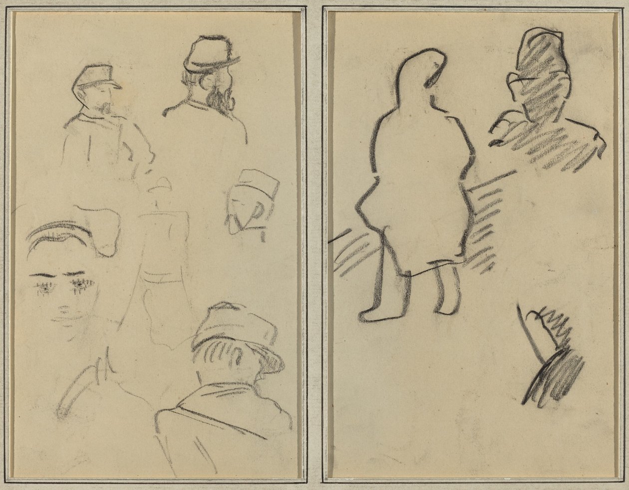 Fem studier av soldater og en kvinnes ansikt; To figurer [recto] av Paul Gauguin