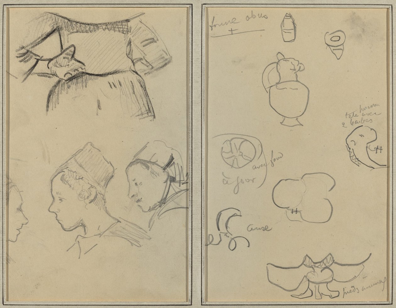 Fire studier av bretonske kvinner; Former og vaser [verso] av Paul Gauguin