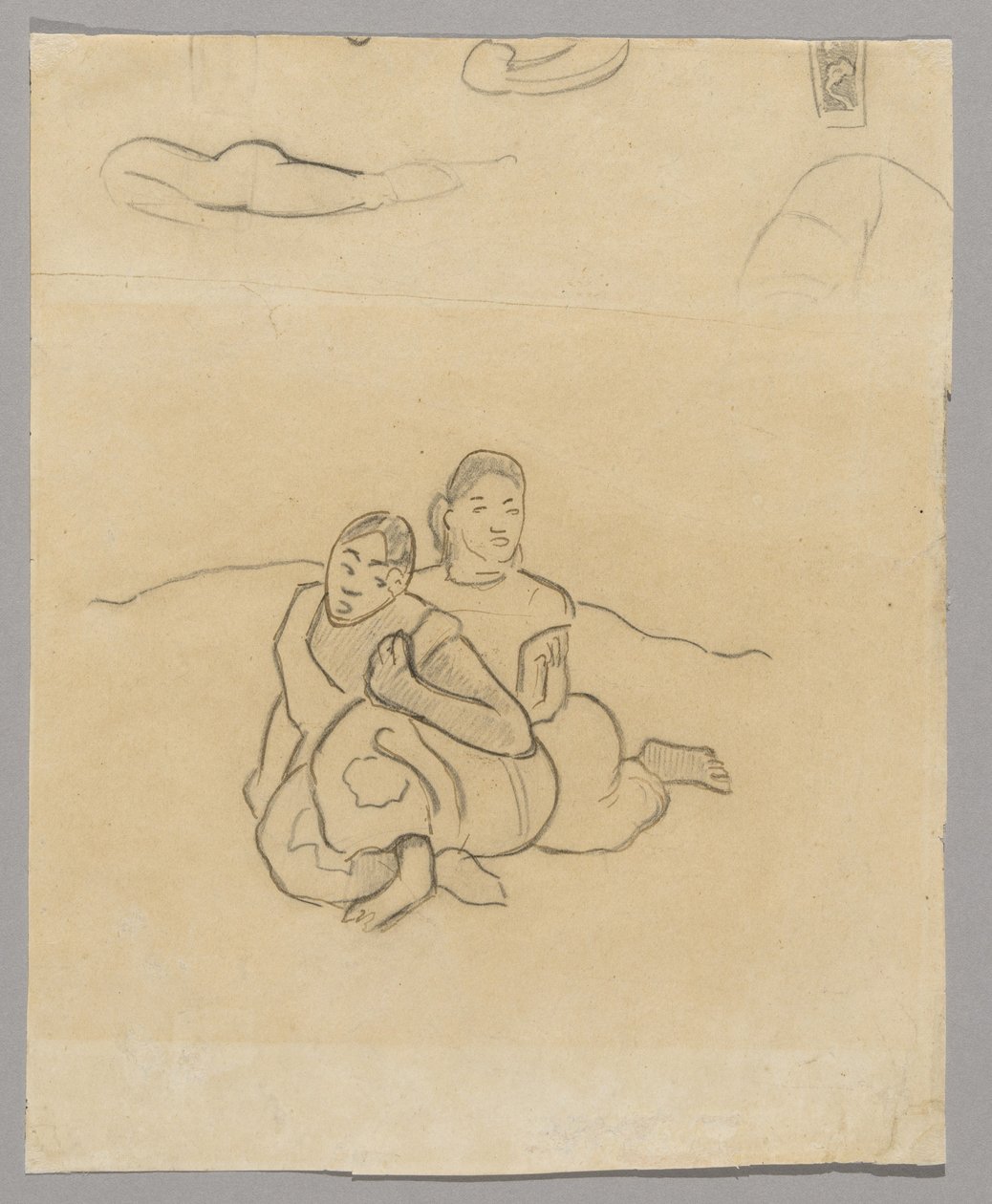 Fragmenter av kropper, et dekorativt design og to hukende tahitiske kvinner i et landskap relatert til Nafea Faaipoipo av Paul Gauguin