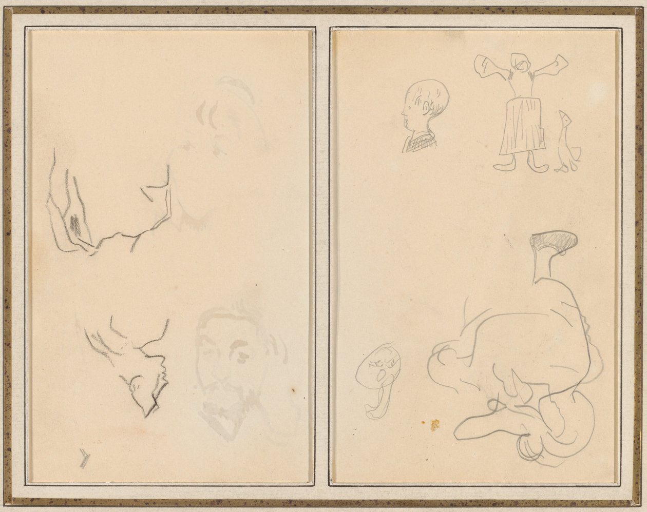 Leder av en mann med en studie av ryggen hans; Ulike skisser med en bondekvinne og en gås [recto] av Paul Gauguin