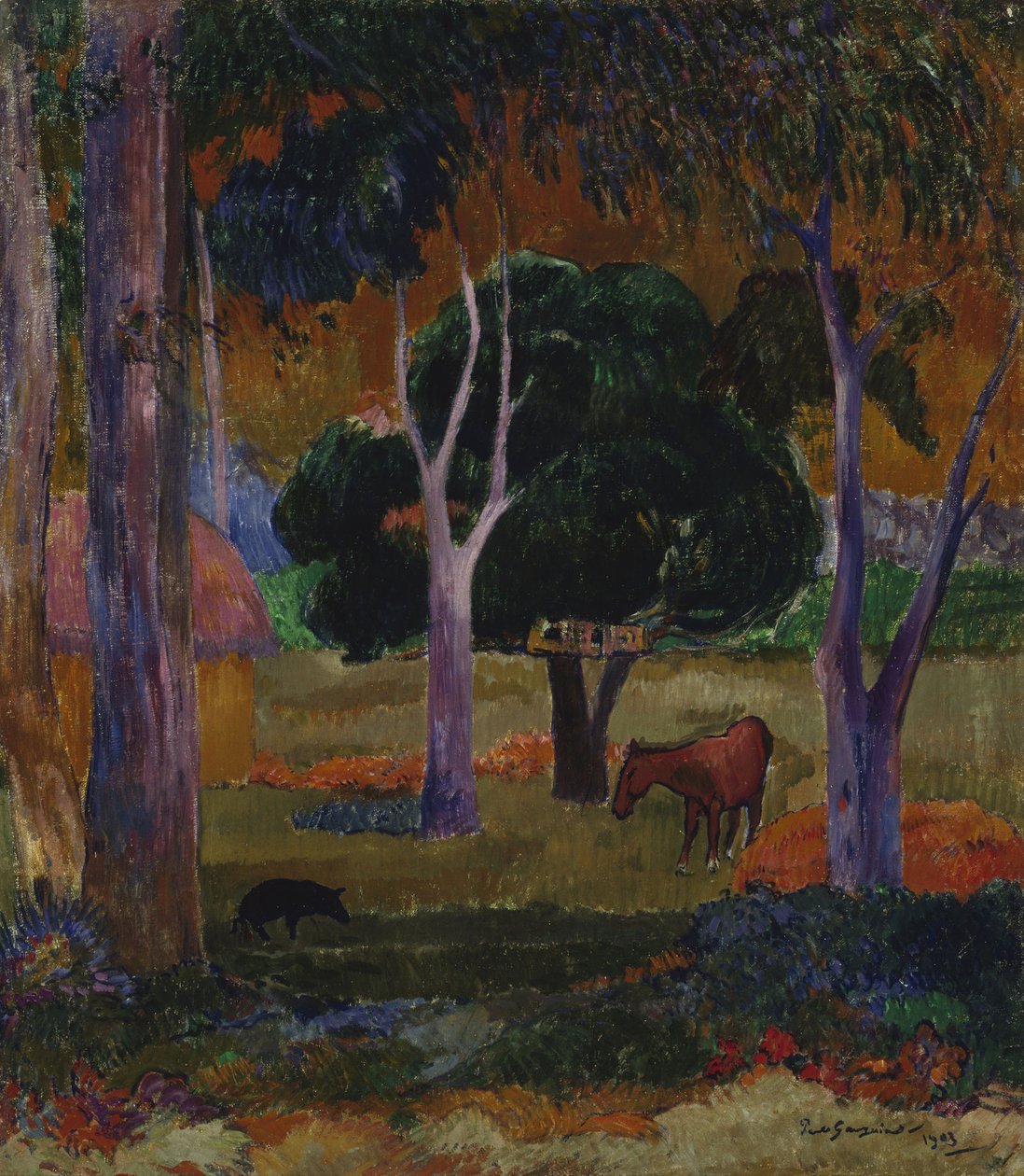 Hiva Oa Landskap med en gris og en hest av Paul Gauguin
