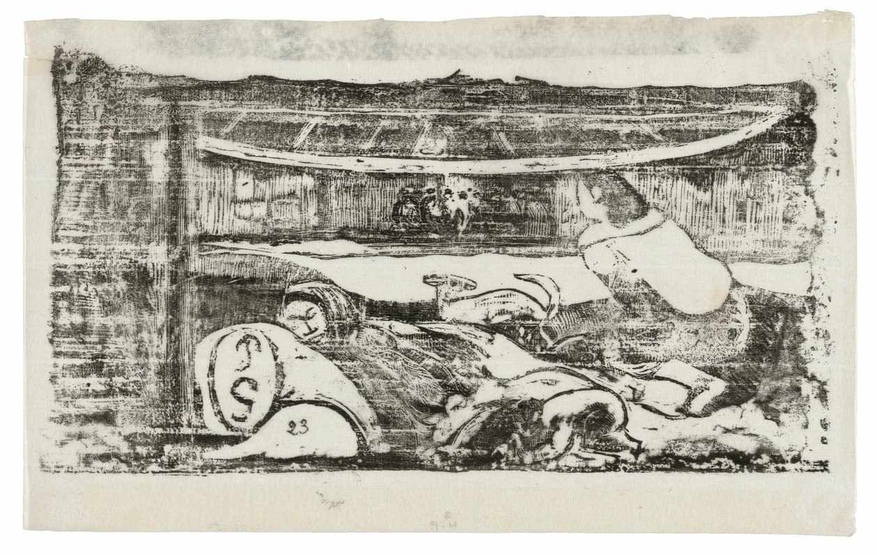 Interiør i en Tahiti-hytte, fra Suite of Late Wood-Block Prints av Paul Gauguin