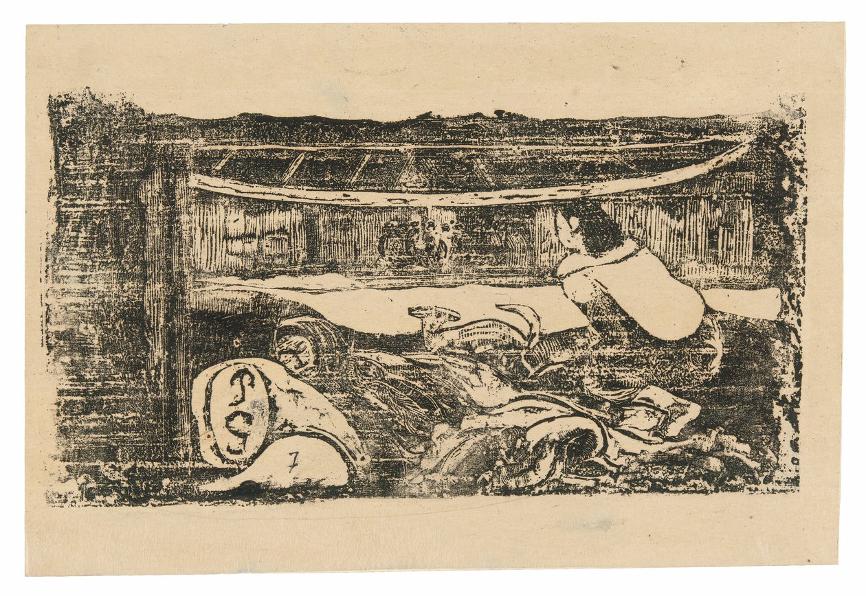 Interiør av en Tahitian Hut, fra Suite of Late Wood-Block Prints av Paul Gauguin