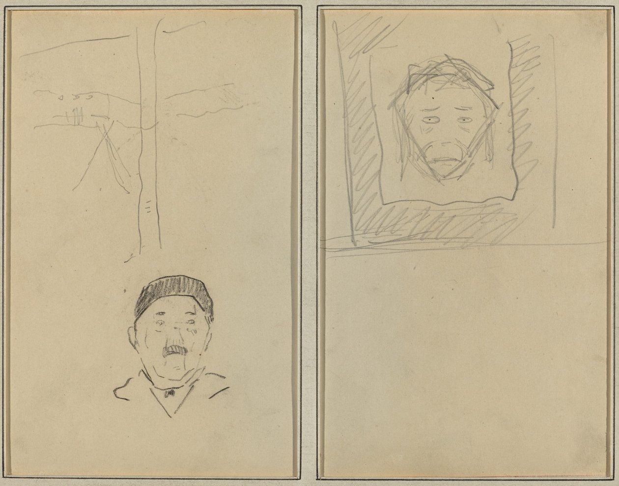 Landskap og menneskets hode; Head of Monkey Inside a Square [recto] av Paul Gauguin