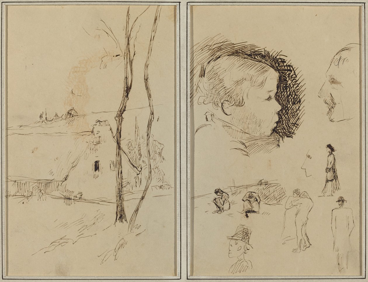 Landskap med hytte; Profil av gutt, profil av mann, to kvinner i et landskap, og fem andre studier [verso] av Paul Gauguin