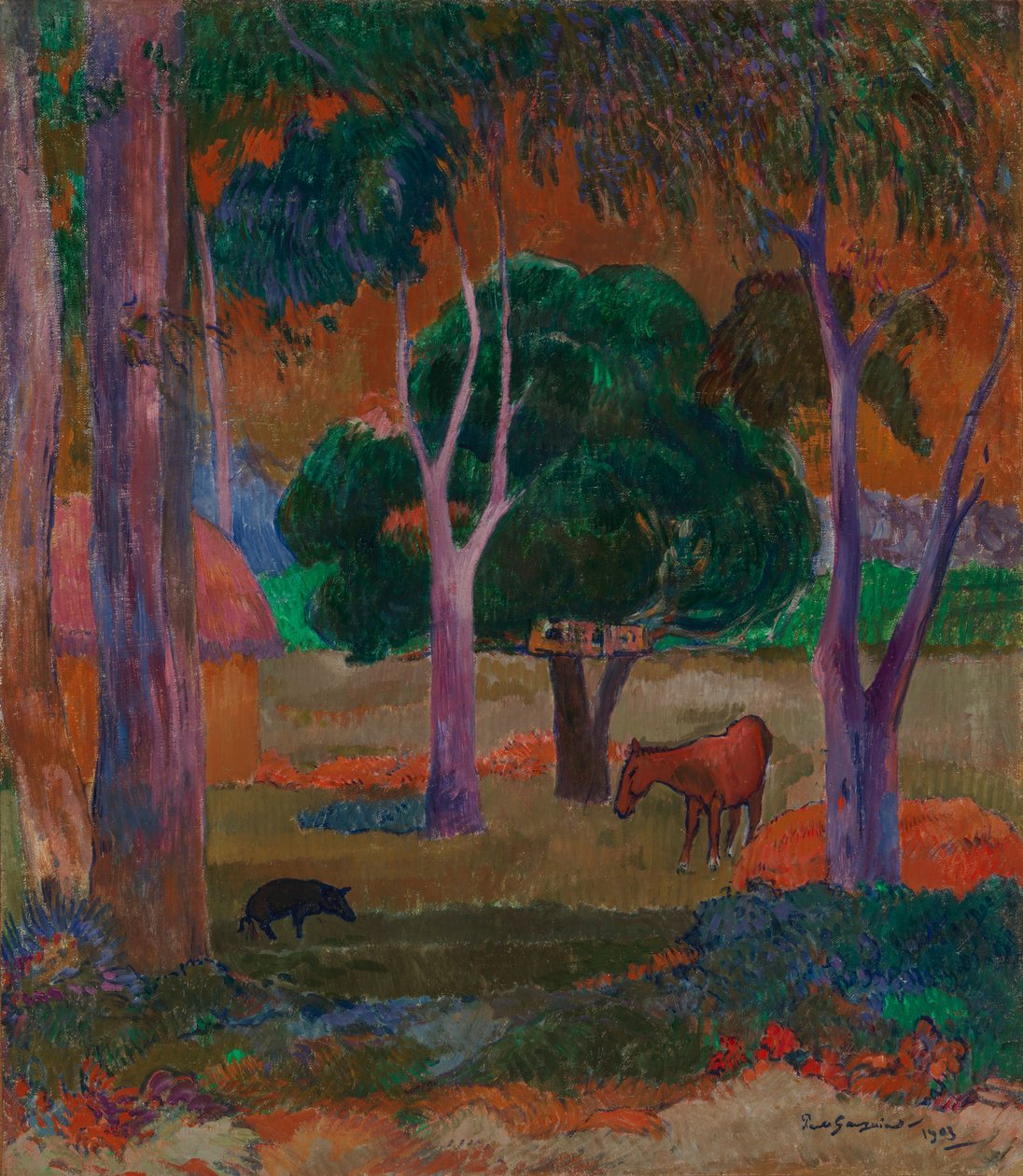 Landskap med en gris og en hest (Hiva Oa) av Paul Gauguin
