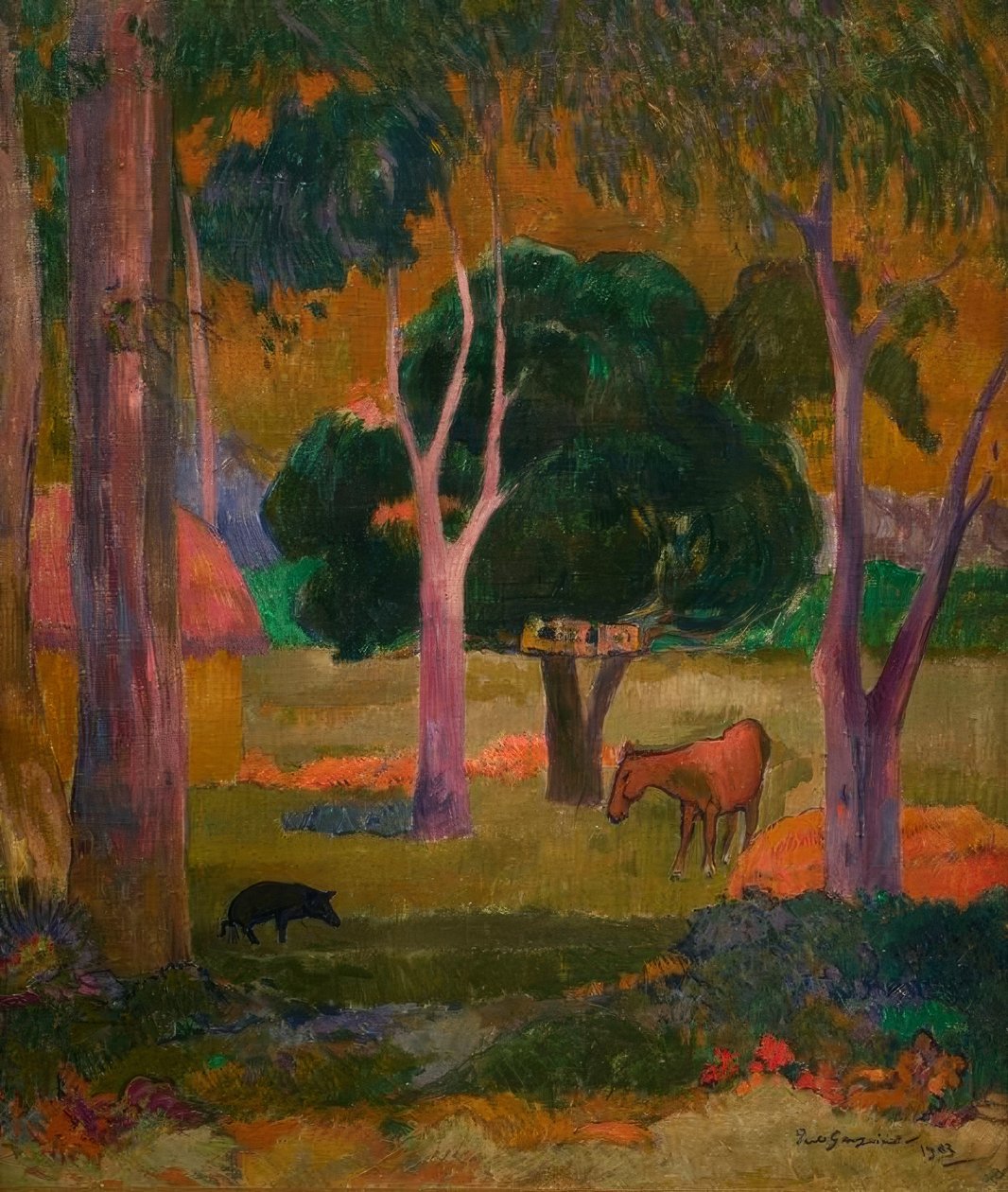 Landskap med gris og hest av Paul Gauguin