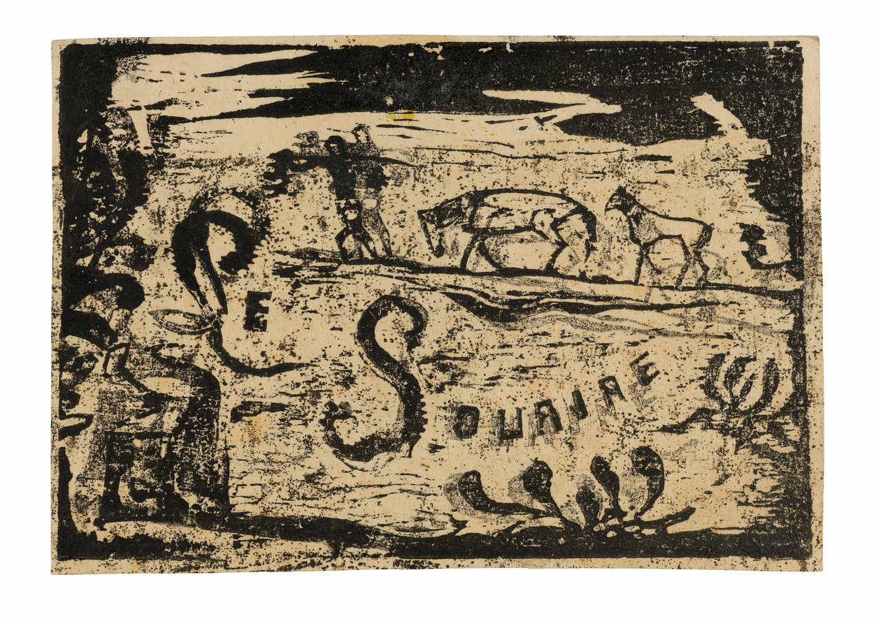 Mann som bærer bananer etterfulgt av to hester, hodeplagg for Le sourire av Paul Gauguin