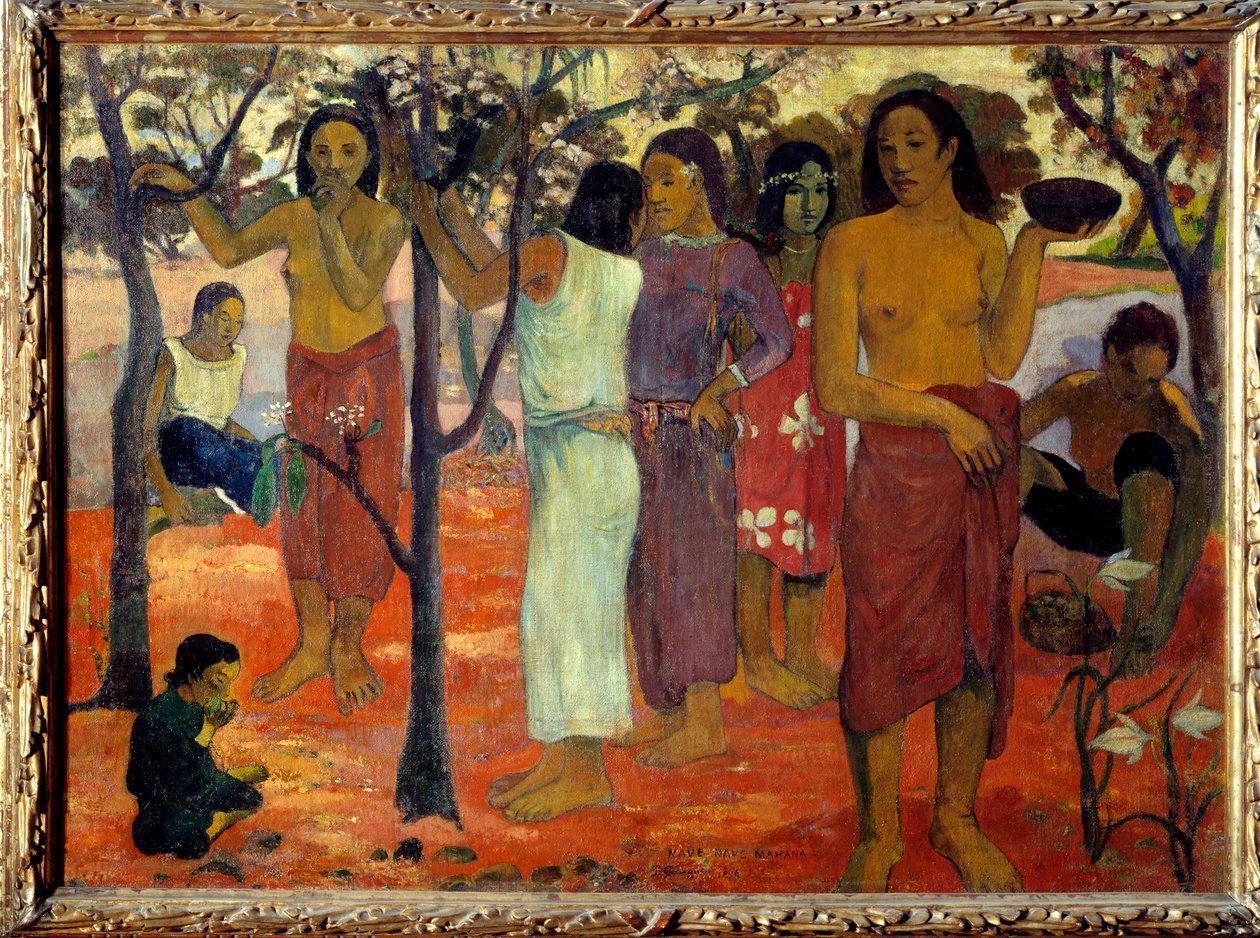 Nave nave mahana (Delicious Days). Tahitiske kvinner i en hage. Maleri av Paul Gauguin (1848-1903) 1896 Søn. 0,94 x 1,3 m Lyon, musee des Beaux Arts - Nave Nave Mahana også kjent som "" Deilig dag"". En gruppe tahitiske kvinner i en hag av Paul Gauguin