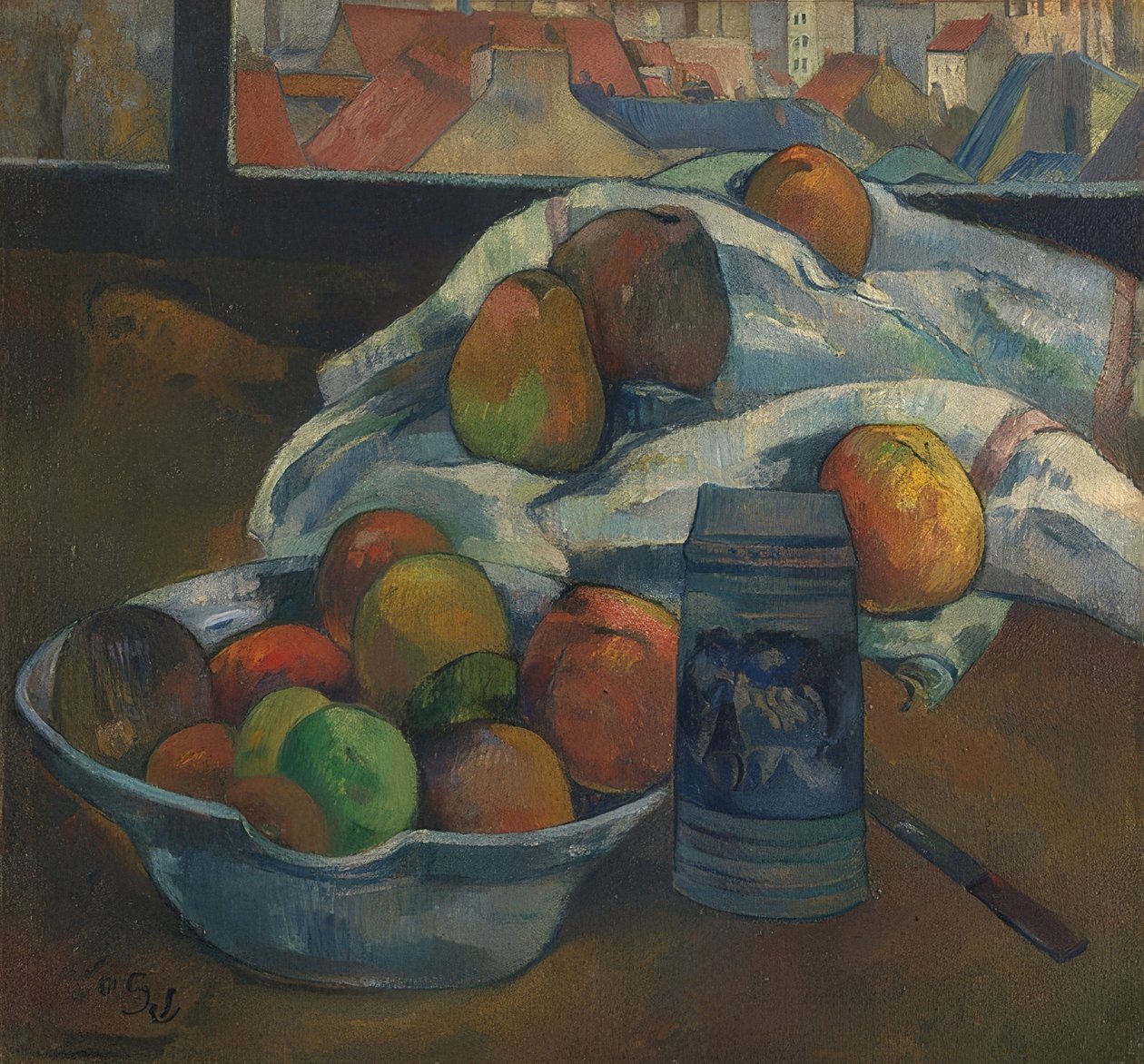 Fruktskål og mugge foran et vindu. Sannsynligvis 1890 av Paul Gauguin