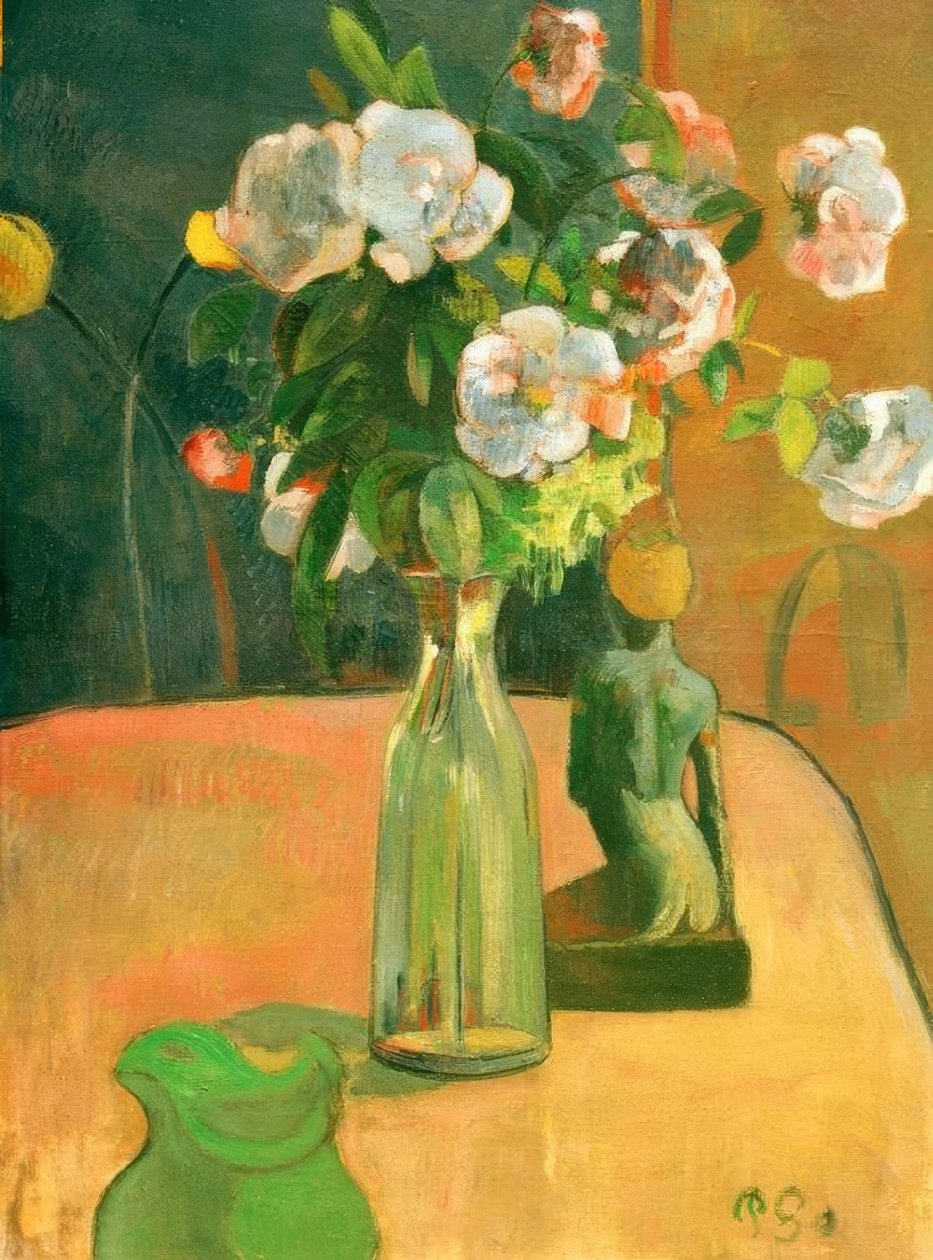 Roser og statuett av Paul Gauguin