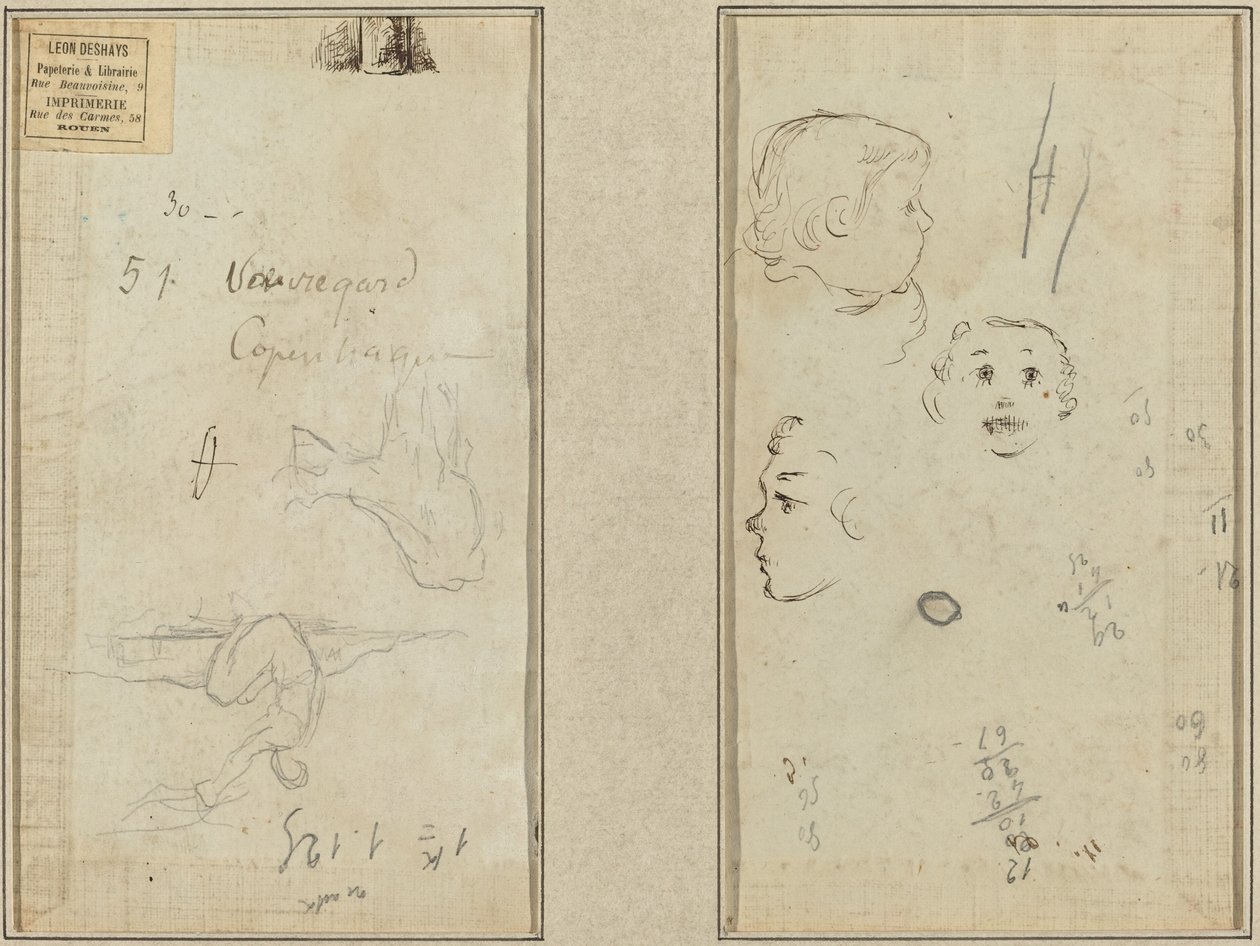 Sittende figur og en ku; Tre studier av et barnehode av Paul Gauguin