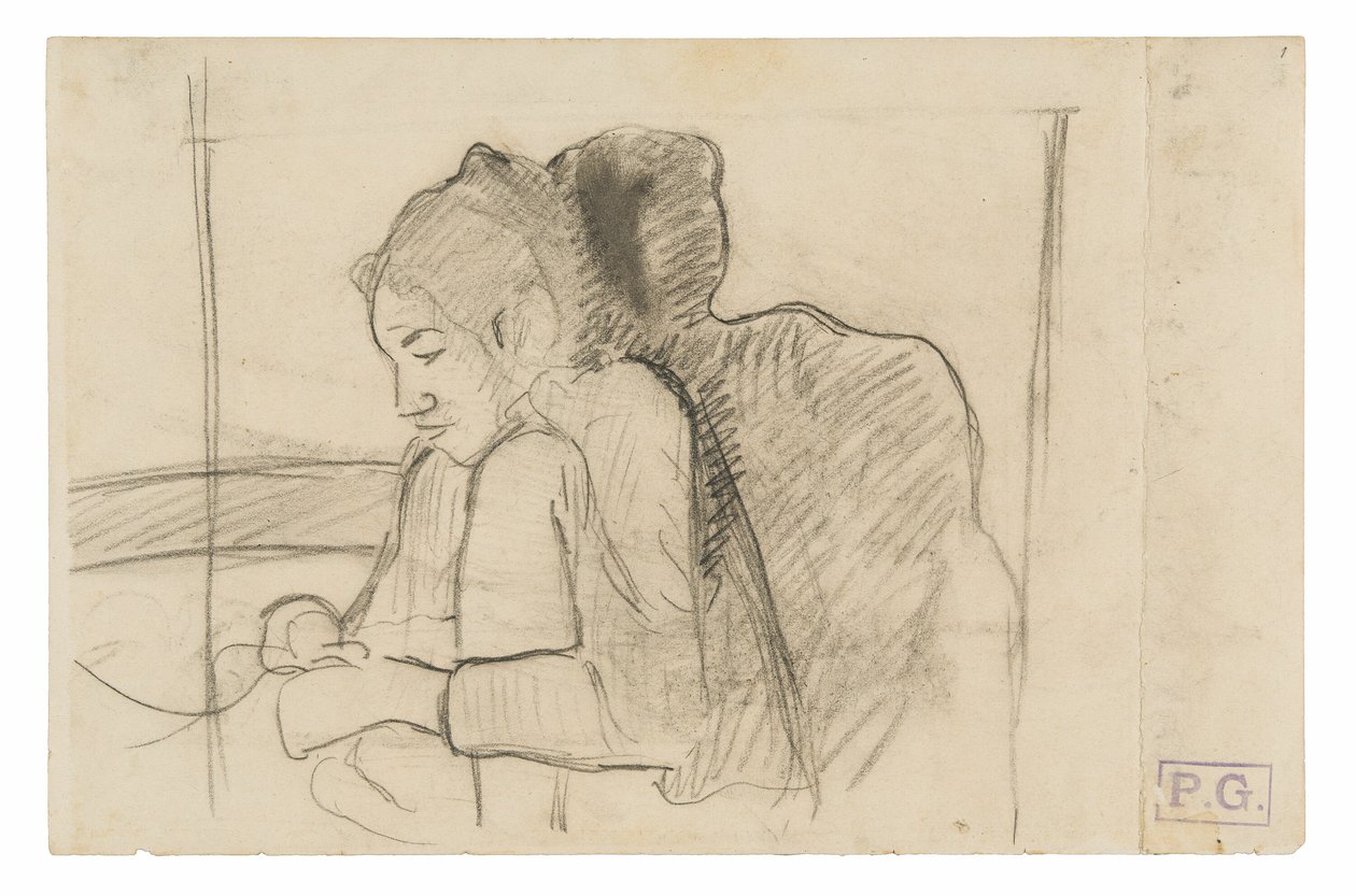 Sittende tahitisk kvinne (recto), skisser av haner og kyllinger (verso) av Paul Gauguin